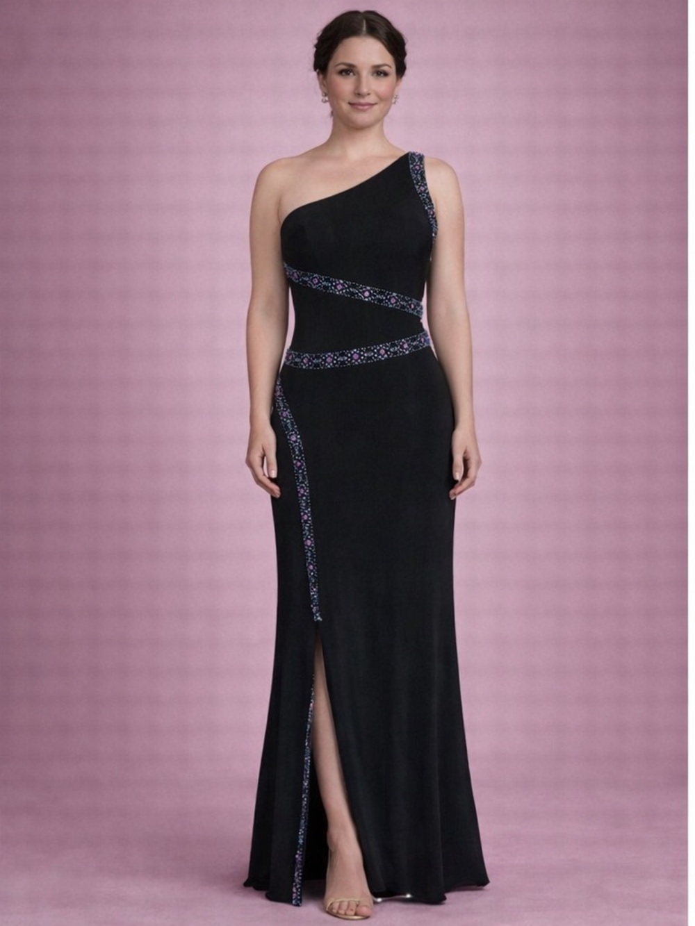 Black One-Shoulder Maxi Dress with Embellished Trims, Stretch Fabric.